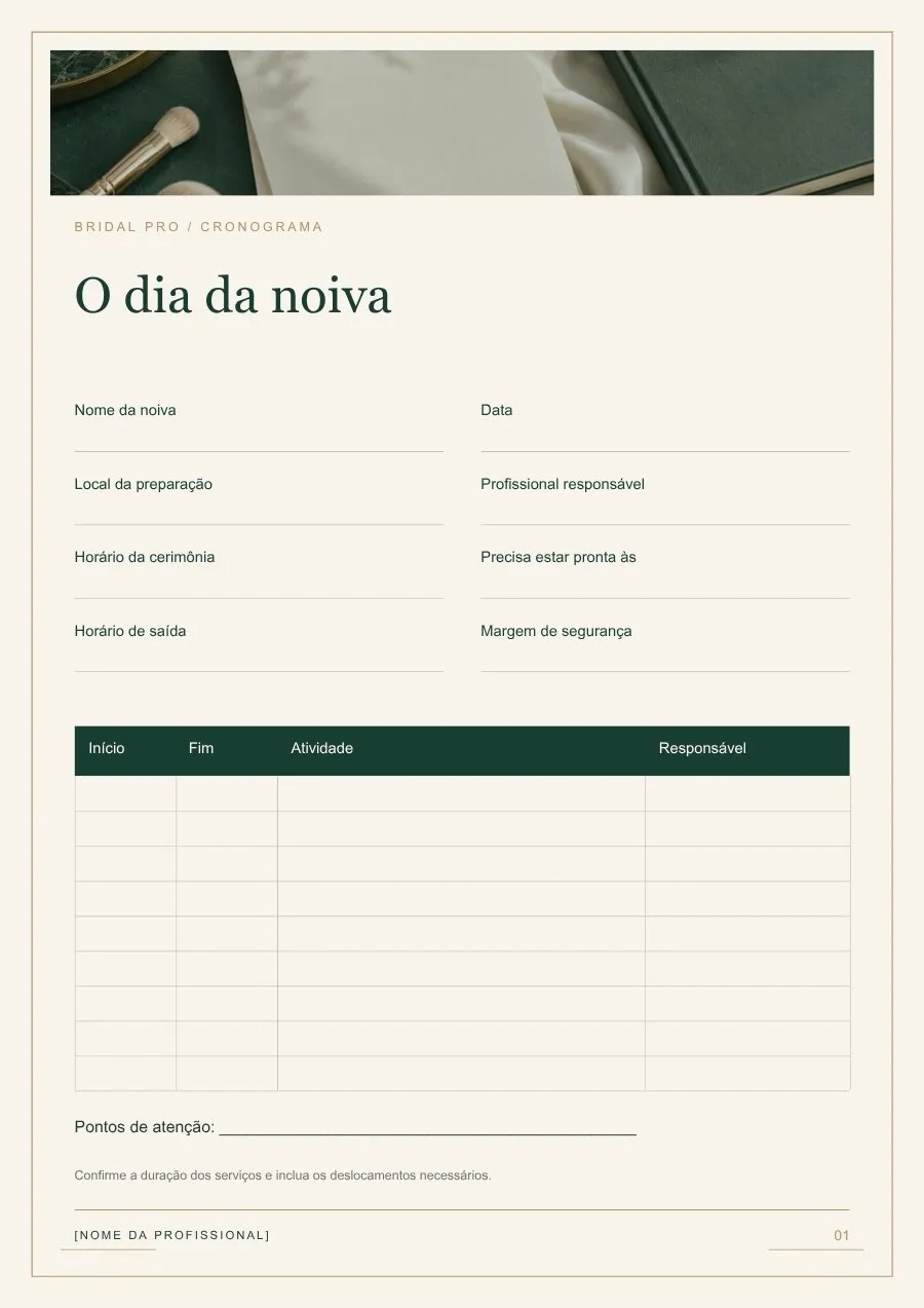 Cronograma do dia da noiva do Bridal Pro