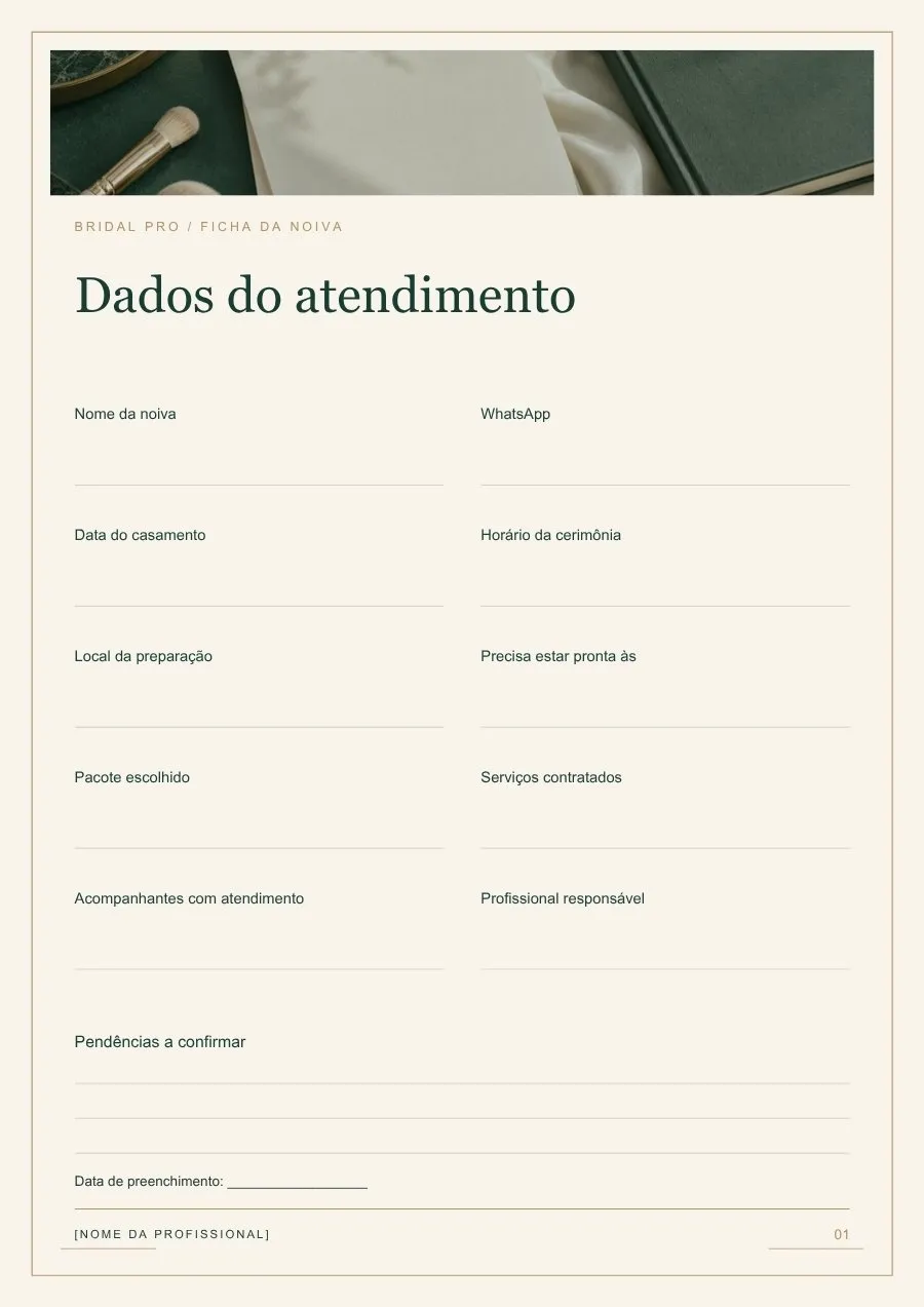 Ficha de atendimento da noiva do Bridal Pro